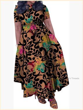 Plus Size Maxi Dress African Print Short Sleeve Flowy Ruffle with Belt